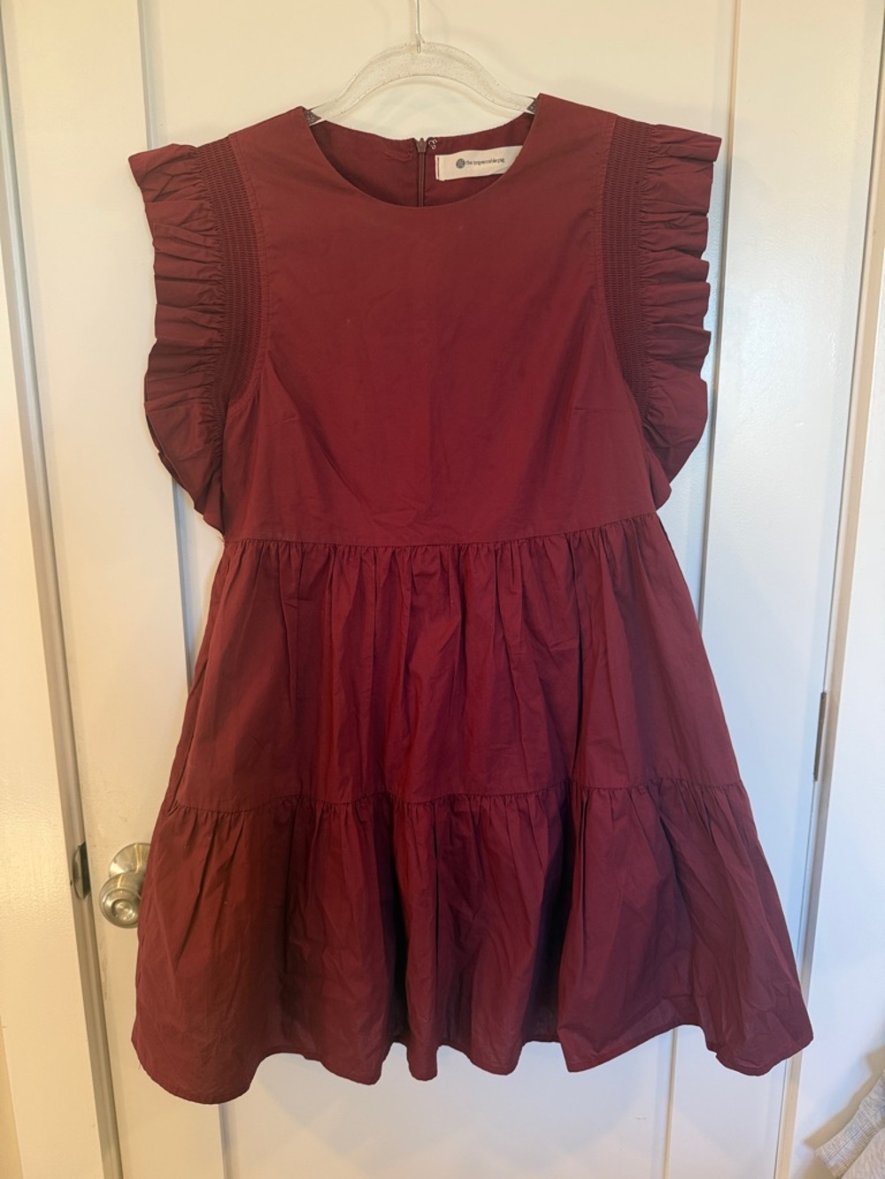The Impeccable Pig Burgundy Ruffle Sleeve Tiered Mini Dress